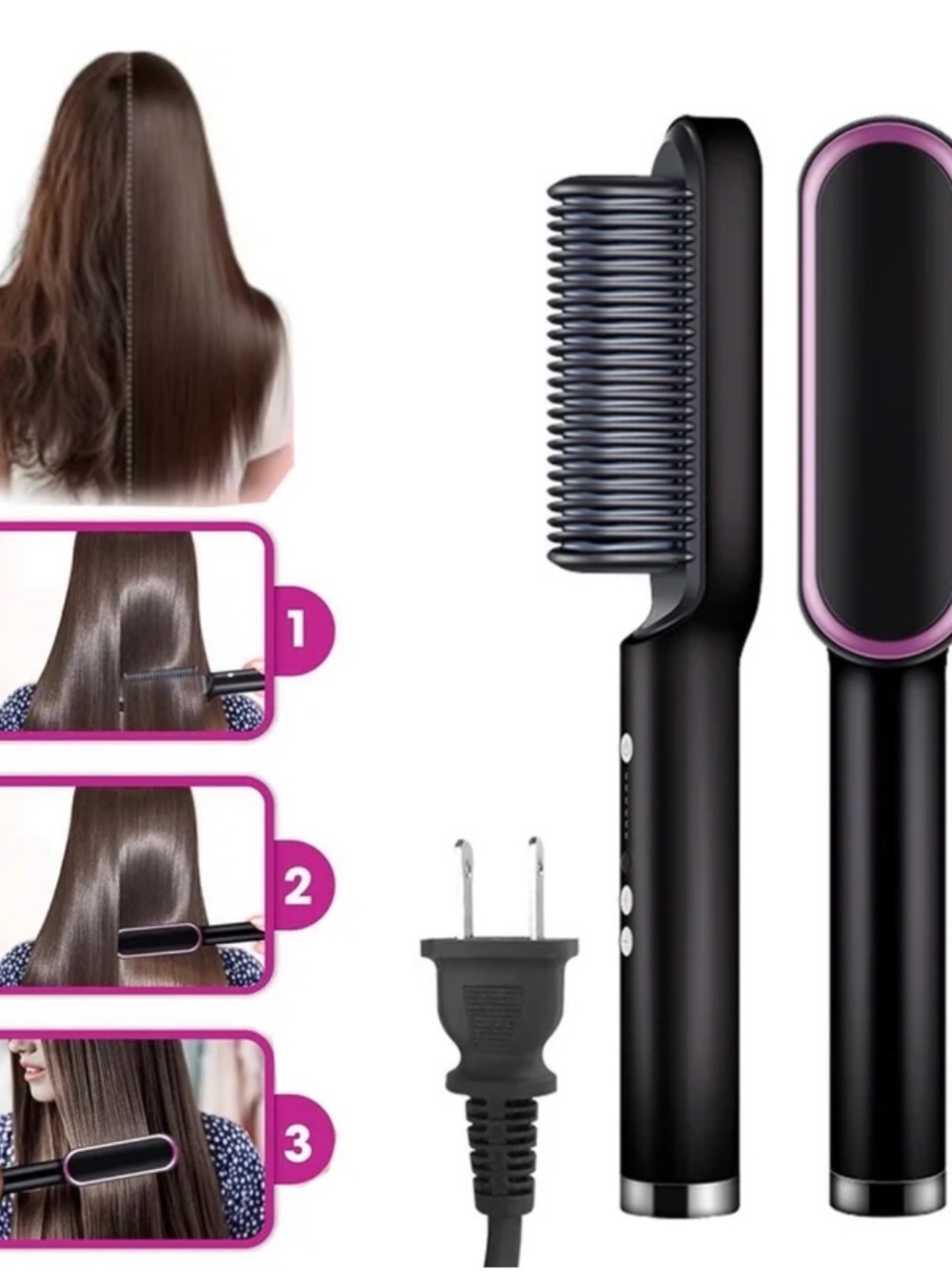 Black & Pink Electric Hair Straightening Brush for Women